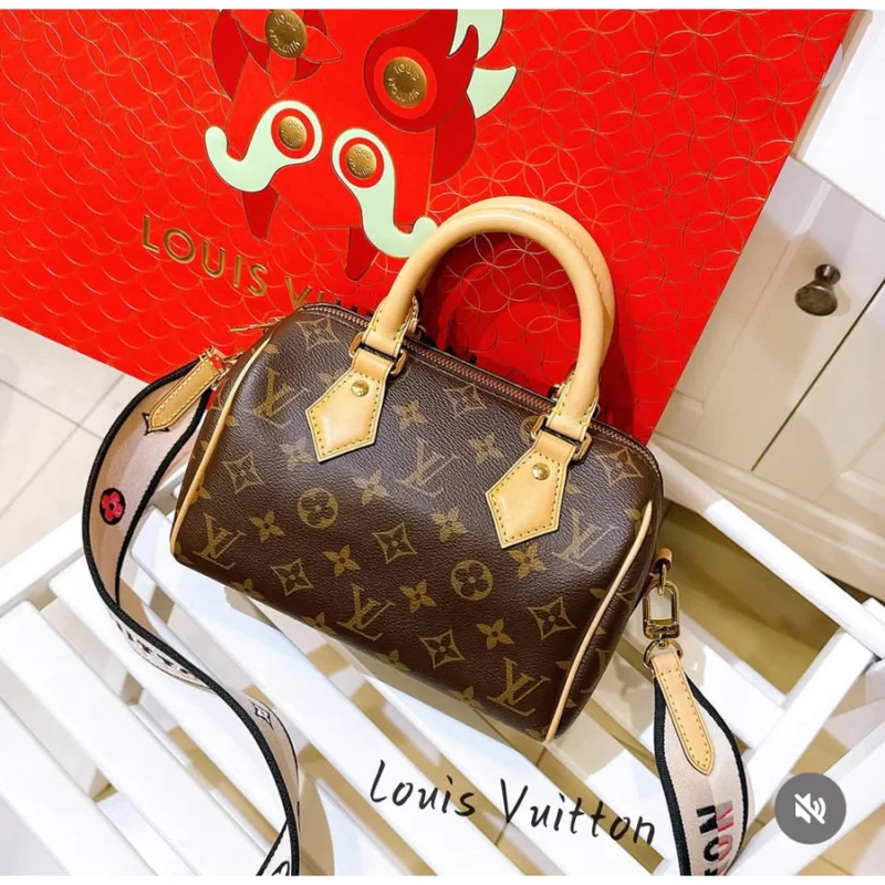 LOUIS VUITTON LV SPEEDY 20cm Boston Black Beige Strap Crossbody Bag