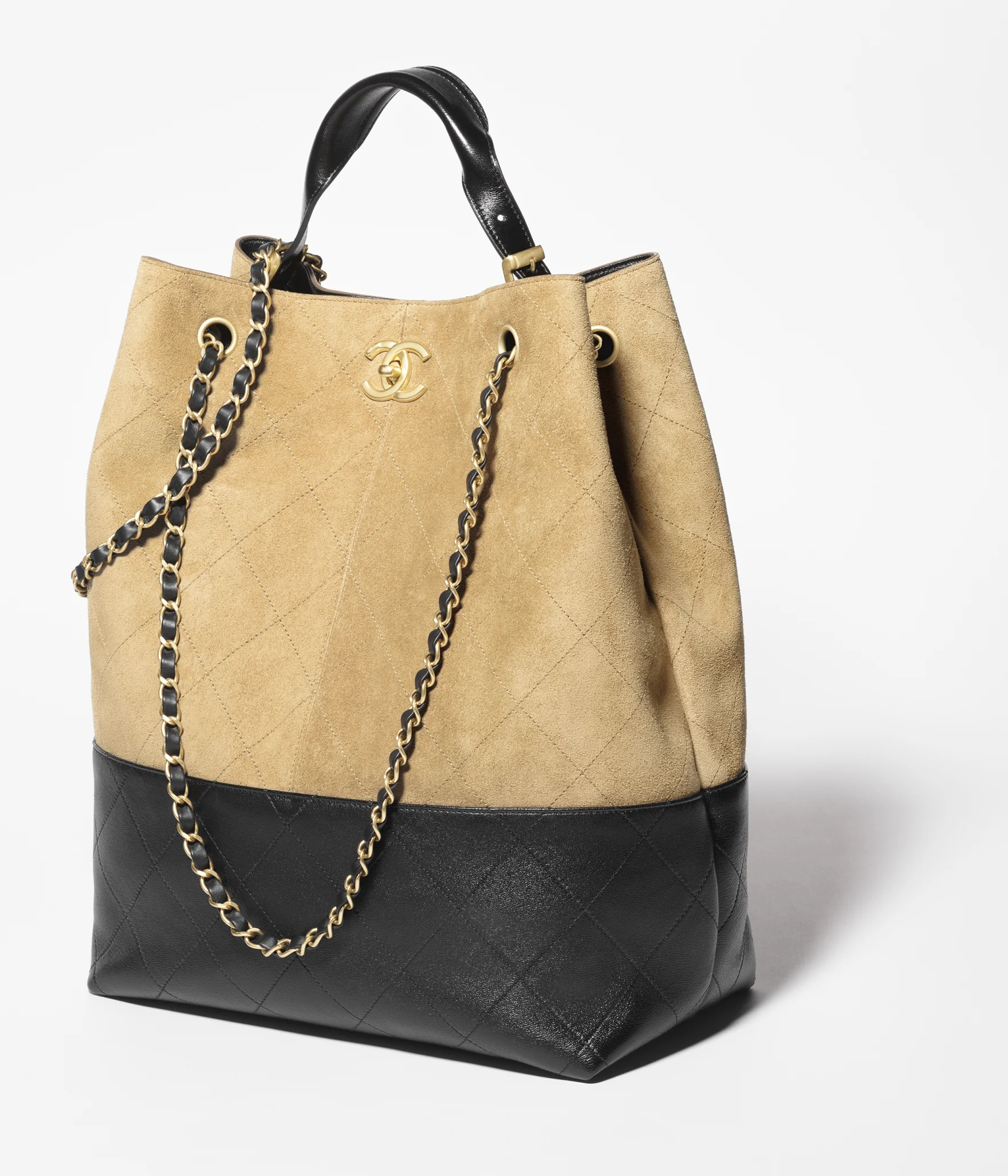 Shopping Bag Suede-effect calfskin, shiny lambskin, and gold-tone metal Beige and black
