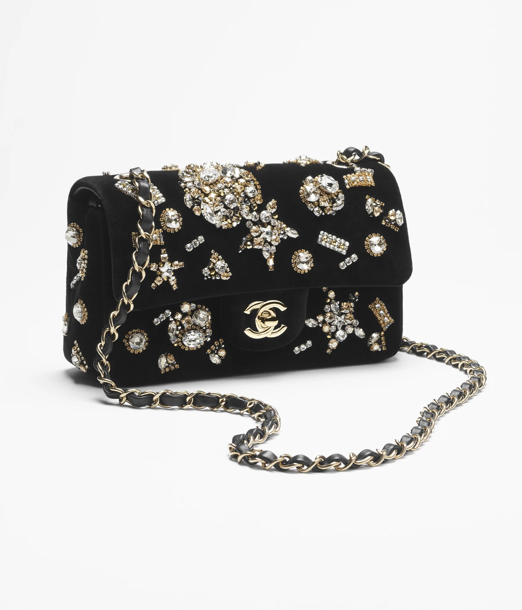 Mini Classic Bag   Velvet, rhinestones, illusion pearls & gold-tone metal  black