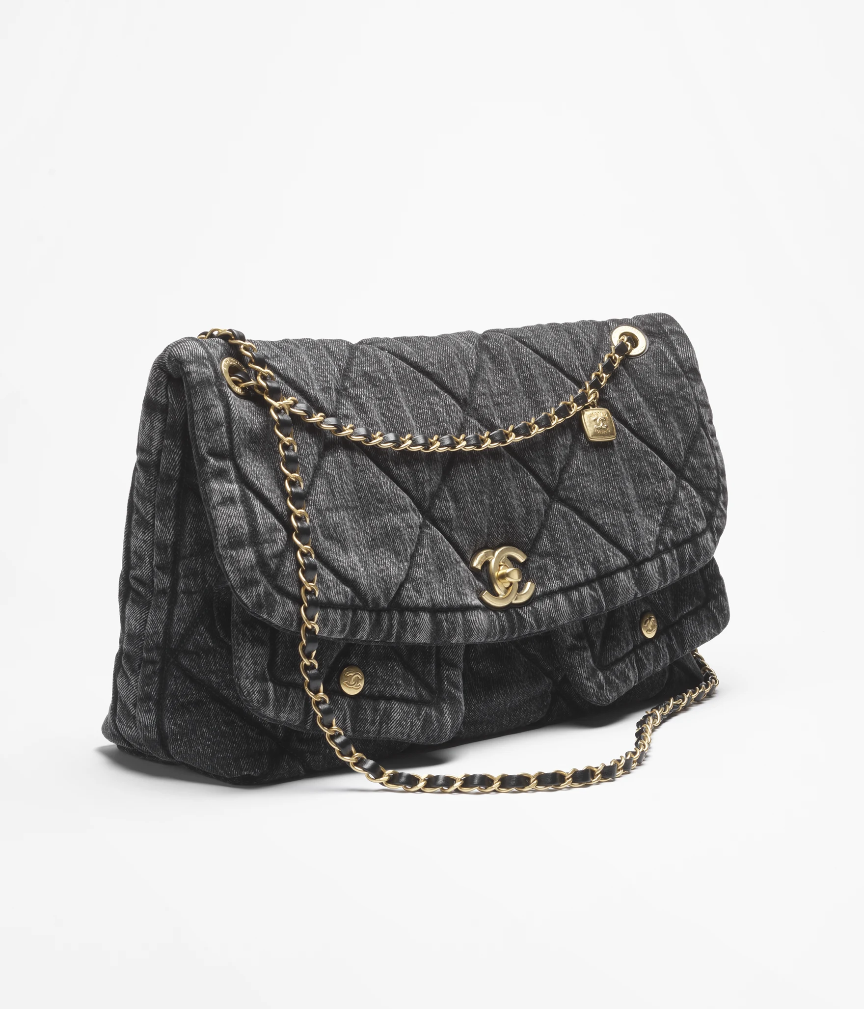 Oversized flap bag Washed denim & gold-tone metal black