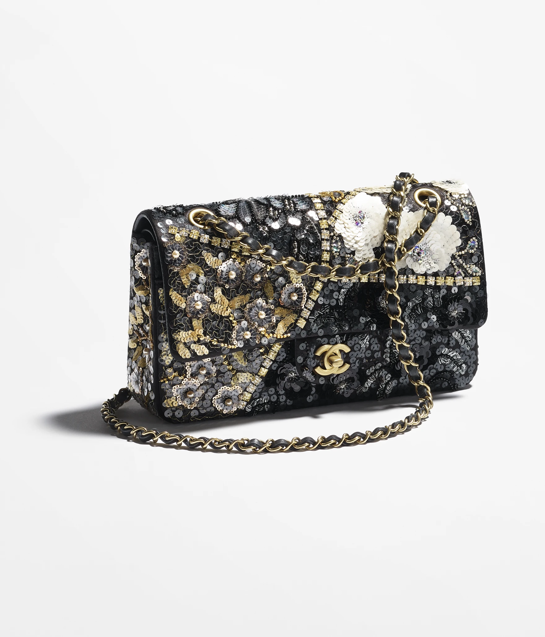 Classic 11.12 Bags Satin, sequins, glass pearls and gold-tone metal Black, gold and white