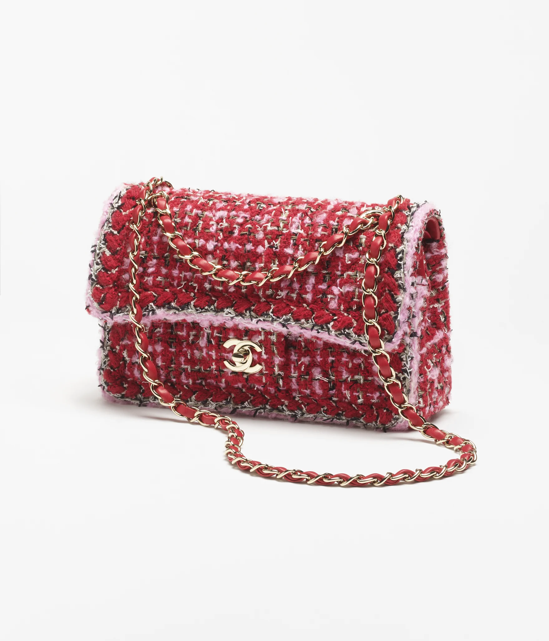 Classic Small Handbag   Tweed & Gold-Tone Metal  Red, Pink and Black