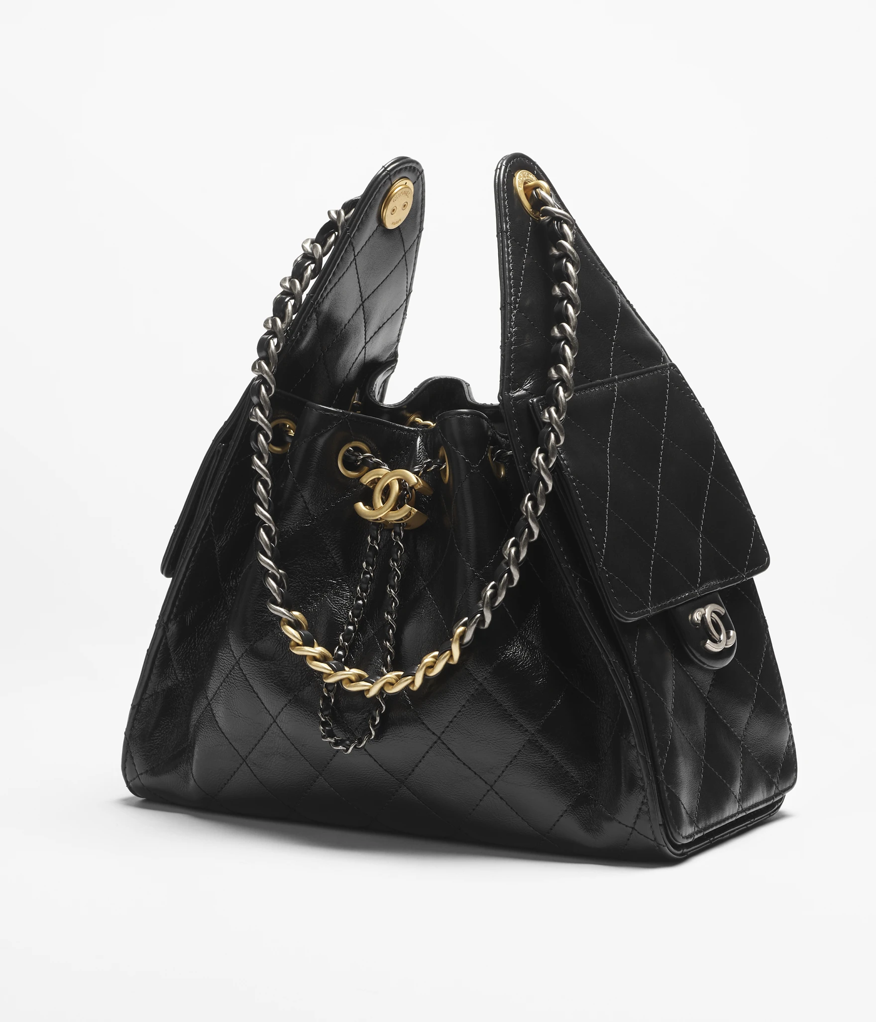 CHANEL 25 Small Bag   Shiny wrinkled calfskin, metal, and ruthenium-tone metal  black