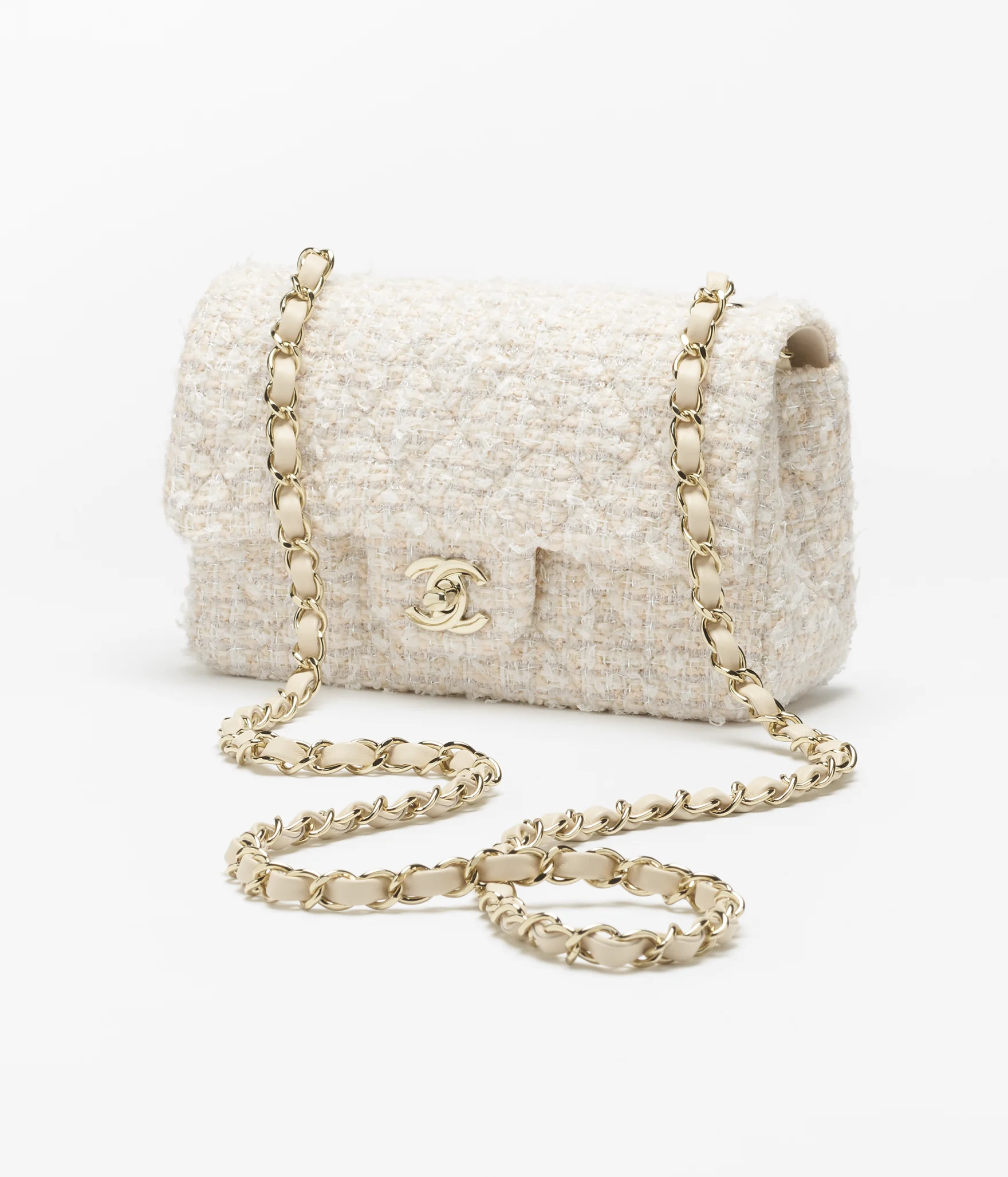 Mini Classic Bag   Tweed & Gold-Tone Metal  Beige and white