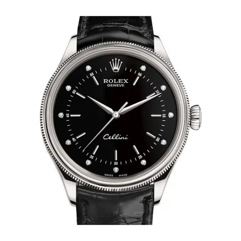 Rolex Cellini 50509 Black Diamond Dial Leather Strap Time 39mm Watch