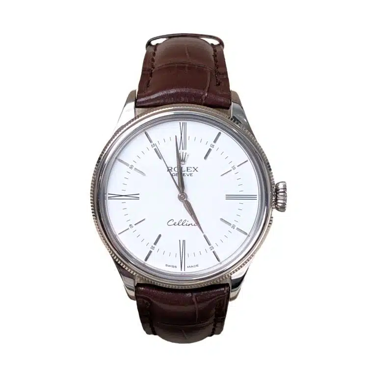 Rolex 50509 Cellini Time White Dial Leather Strap 39mm Mens Watch