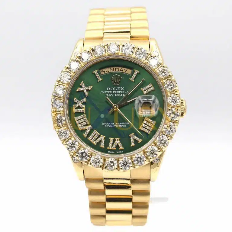 Rolex 18038 Day-Date 18k Yellow Gold Green Roman Dial Aftermarket Diamond Bezel Watch